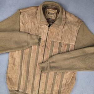 Original Windbreaker Jacket Mens Medium Beige Leather Knit Bomber Zip Striped